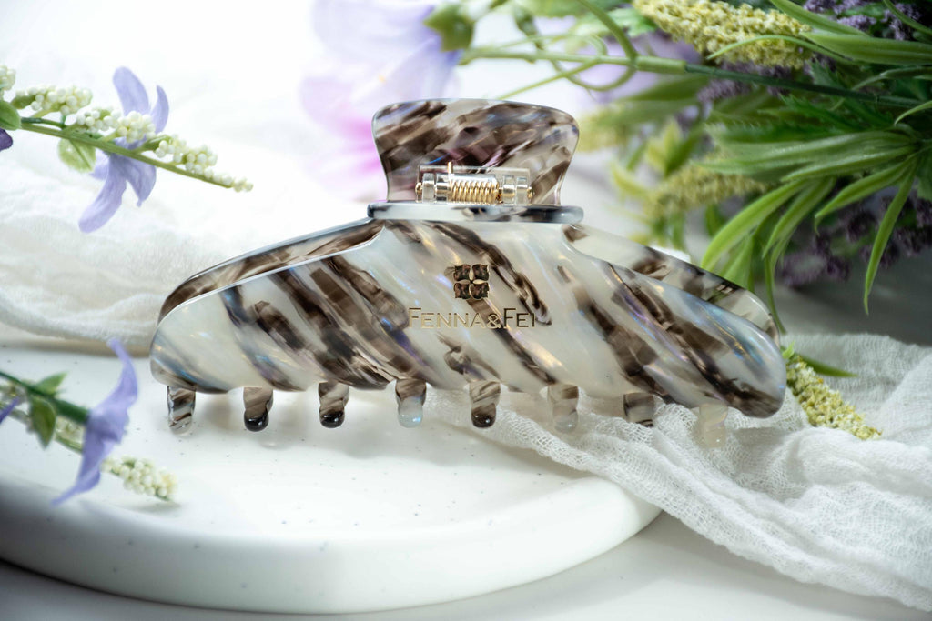Glamour Grip Wave Claw in Phantom Quartz | Black White Blue Iridescent | Italian Acetate Tortoise Shell Large Hair Clip