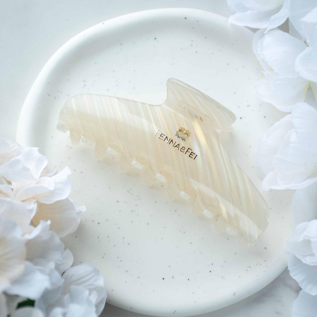 Glamour Grip Wave Claw in White Opal | White Pearlescent Rainbow | Italian Acetate Tortoise Large Hair Clip