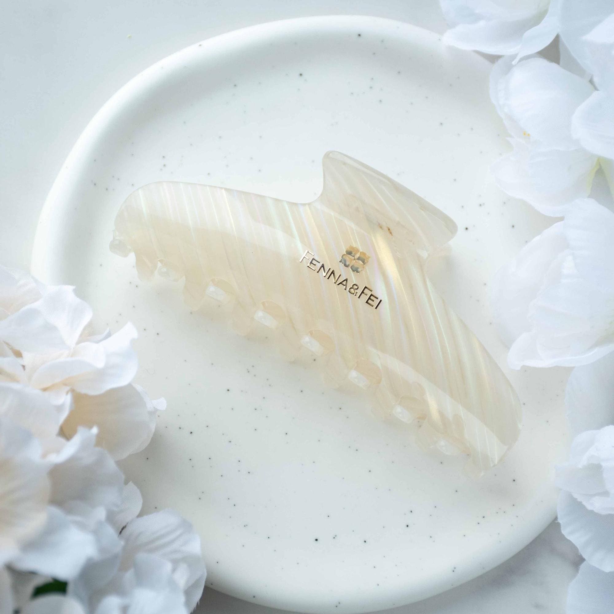 Glamour Grip Wave Claw in White Opal | White Pearlescent Rainbow | Italian Acetate Tortoise Large Hair Clip
