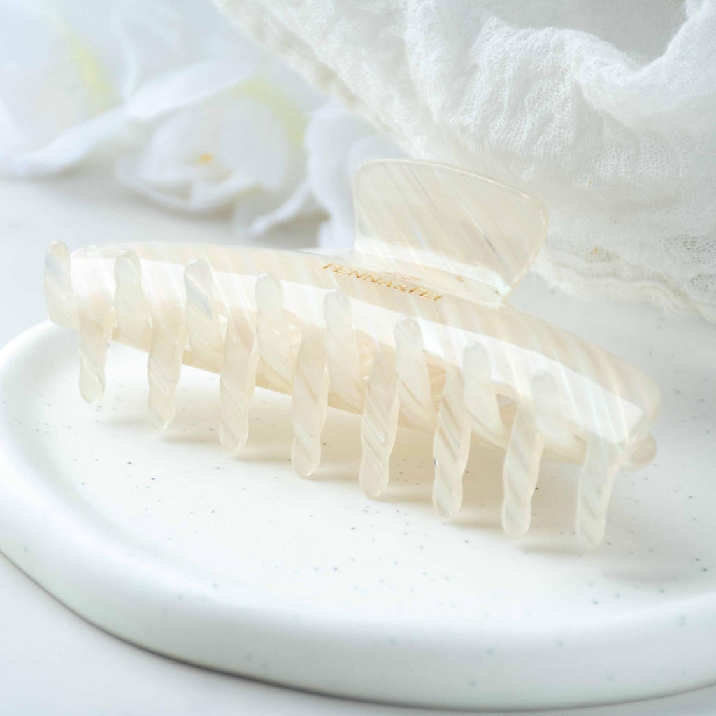 Glamour Grip Wave Claw in White Opal | White Pearlescent Rainbow | Italian Acetate Tortoise Large Hair Clip