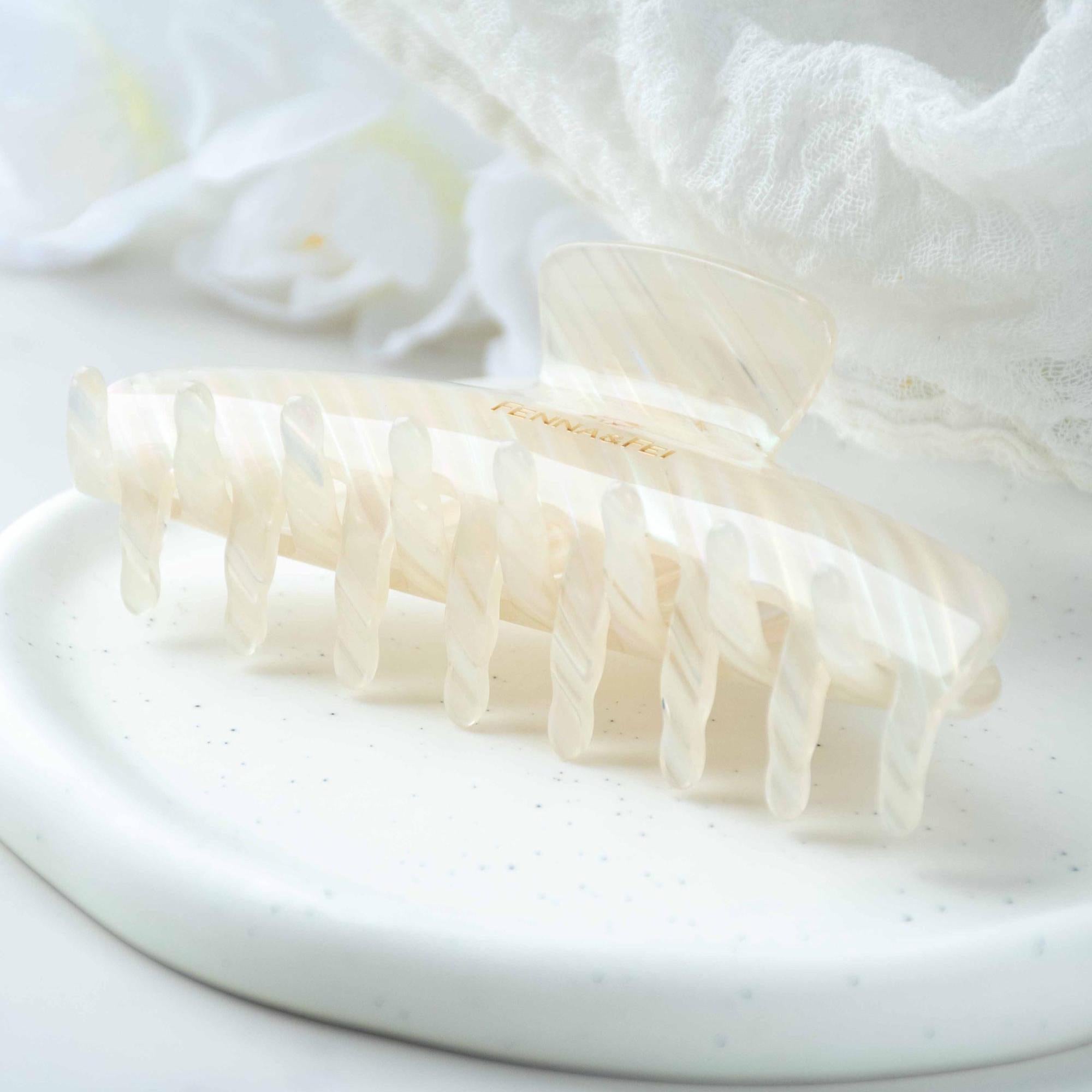 Glamour Grip Wave Claw in White Opal | White Pearlescent Rainbow | Italian Acetate Tortoise Large Hair Clip