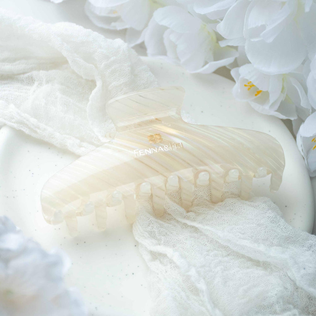 Glamour Grip Wave Claw in White Opal | White Pearlescent Rainbow | Italian Acetate Tortoise Large Hair Clip