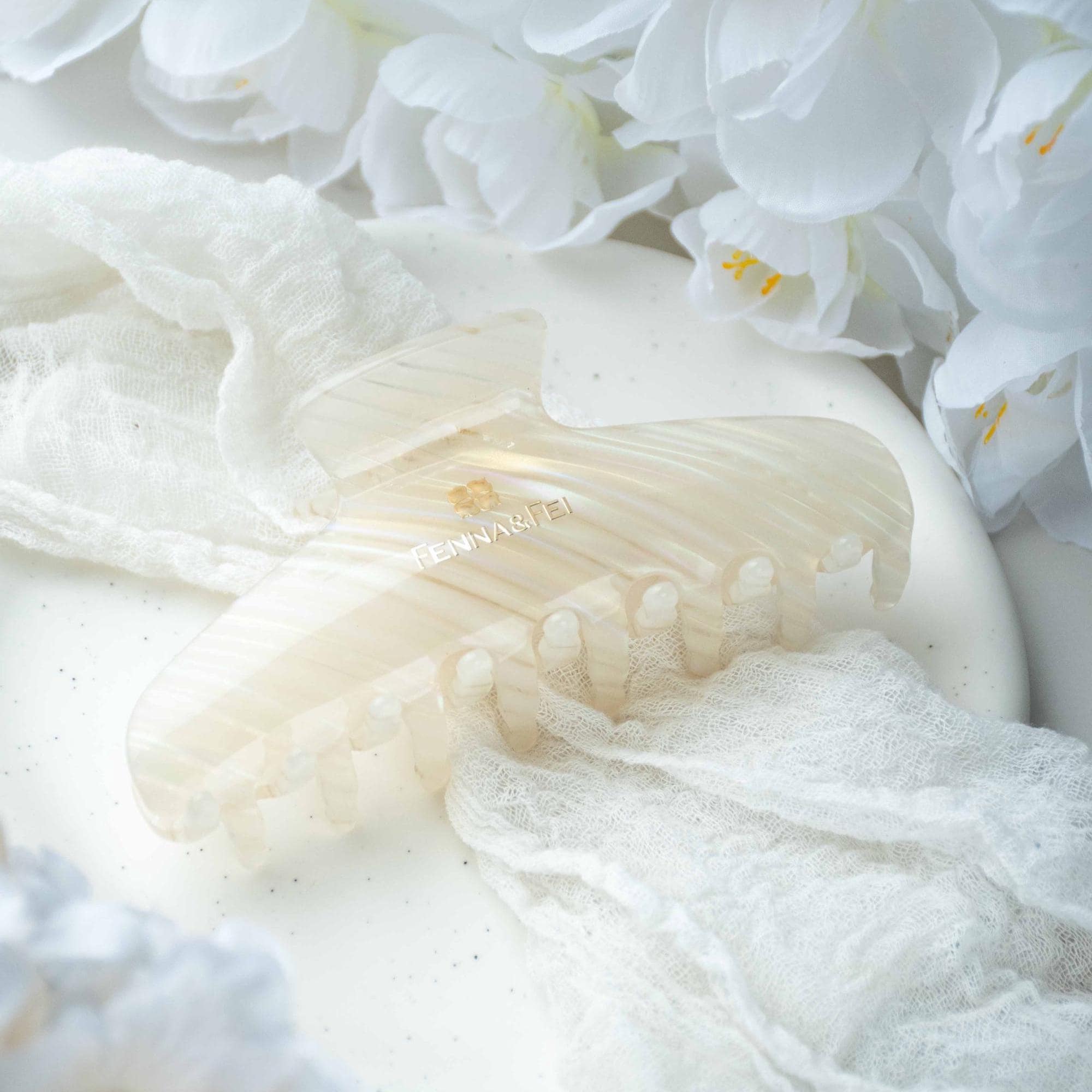 Glamour Grip Wave Claw in White Opal | White Pearlescent Rainbow | Italian Acetate Tortoise Large Hair Clip