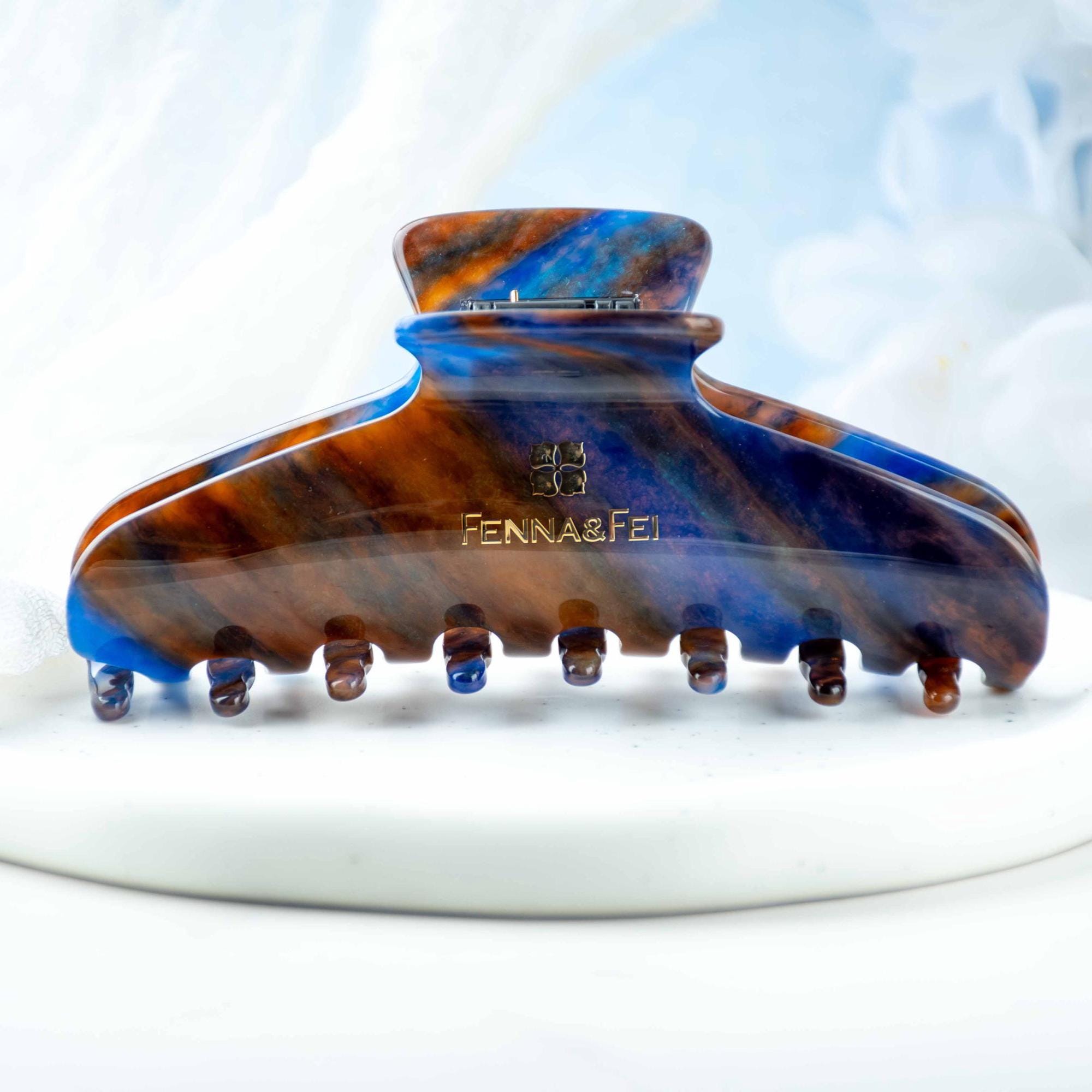 Italian Acetate Wave Claw Clip | Blue Jasper Tortoise Shell