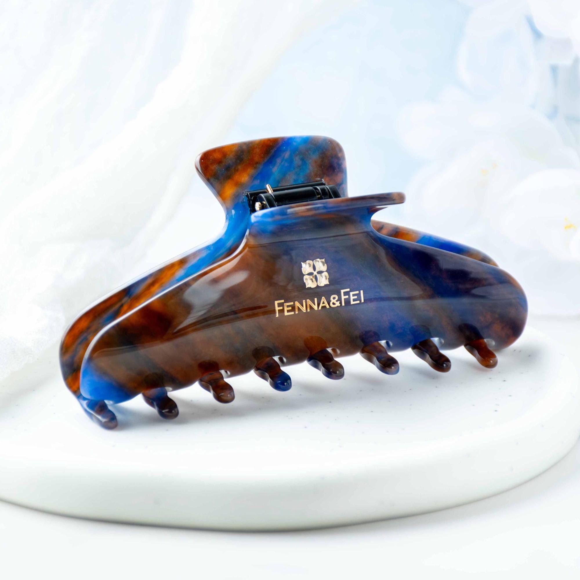 Italian Acetate Wave Claw Clip | Blue Jasper Tortoise Shell