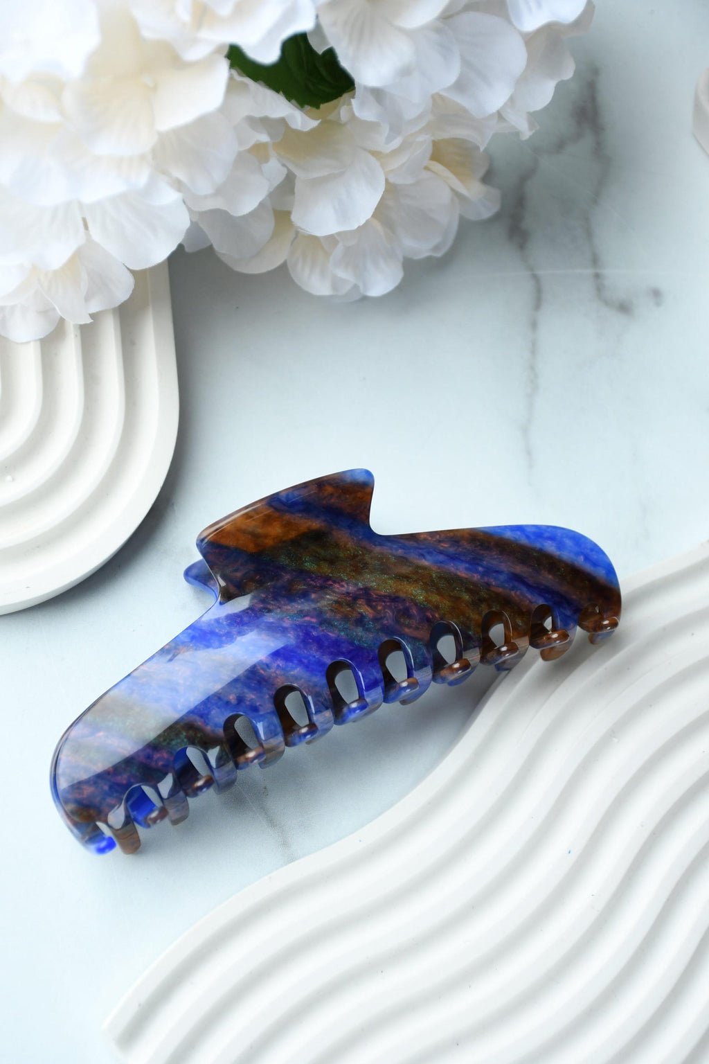 Glamour Grip Wave Claw in Blue Jasper | Blue Brown Orange | Italian Acetate Tortoise Shell Large Hair Clip
