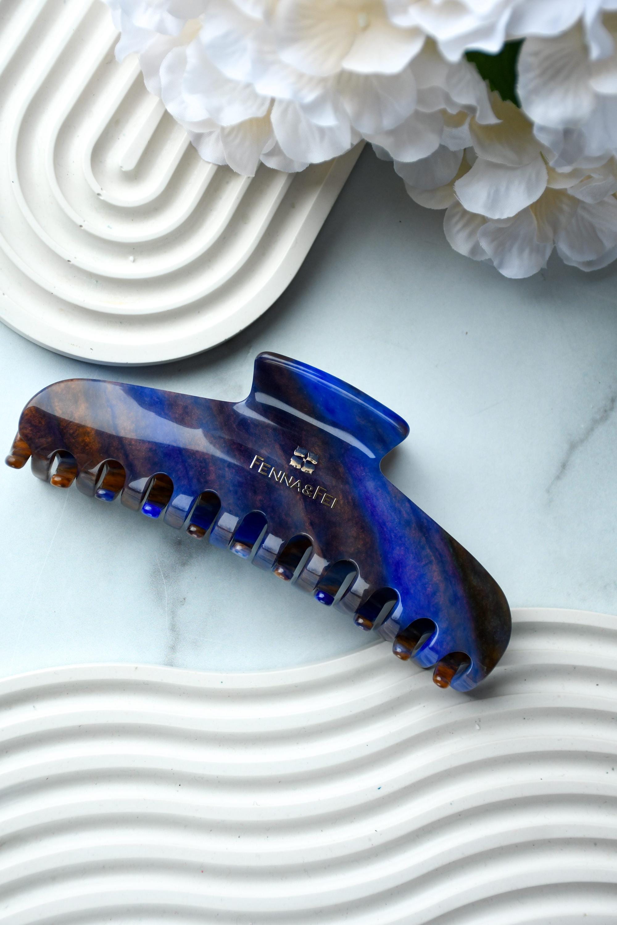 Glamour Grip Wave Claw in Blue Jasper | Blue Brown Orange | Italian Acetate Tortoise Shell Large Hair Clip