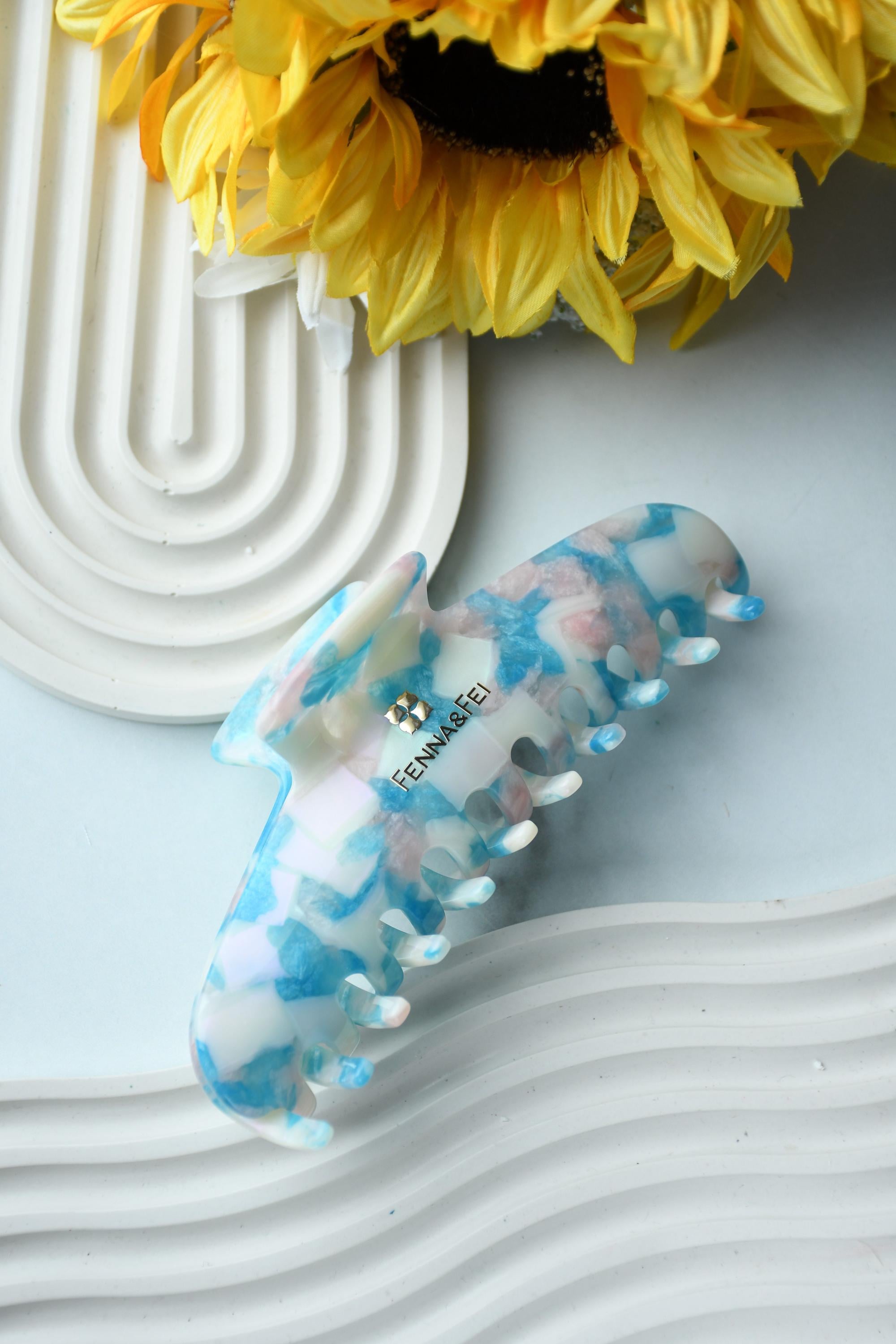 Glamour Grip XL Claw in Blue Beryl  | Blue White Pink Shimmer | Italian Acetate Tortoise Shell Large Hair Clip