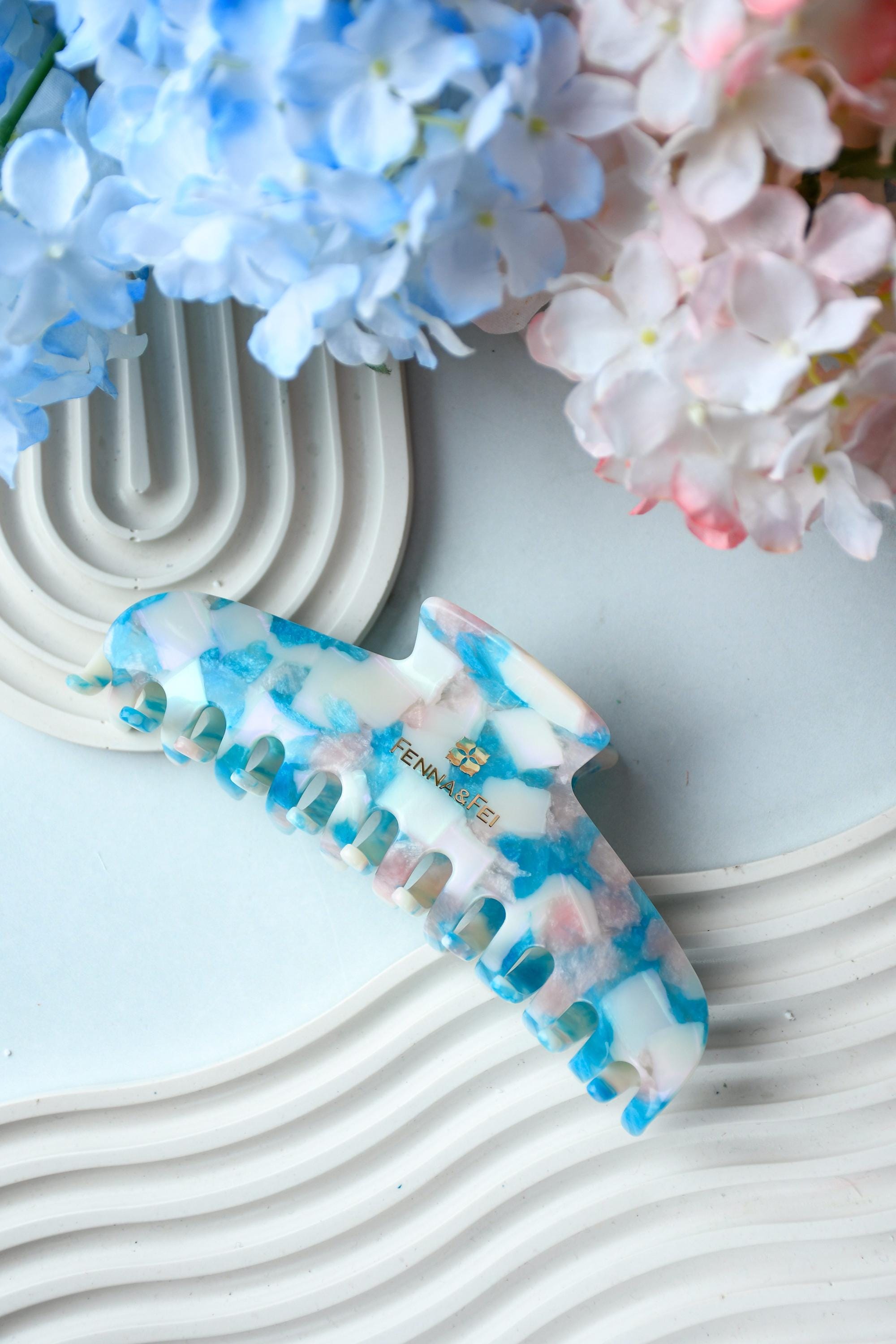Glamour Grip XL Claw in Blue Beryl  | Blue White Pink Shimmer | Italian Acetate Tortoise Shell Large Hair Clip