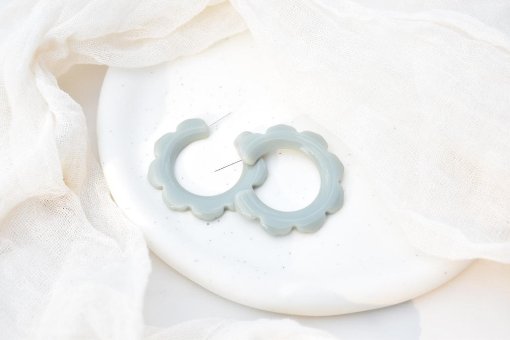 Flower Power Hoops in River Rock | Solid Grey Hoop | Italian Acetate Floral Hoop Earrings .925 Sterling Silver Posts