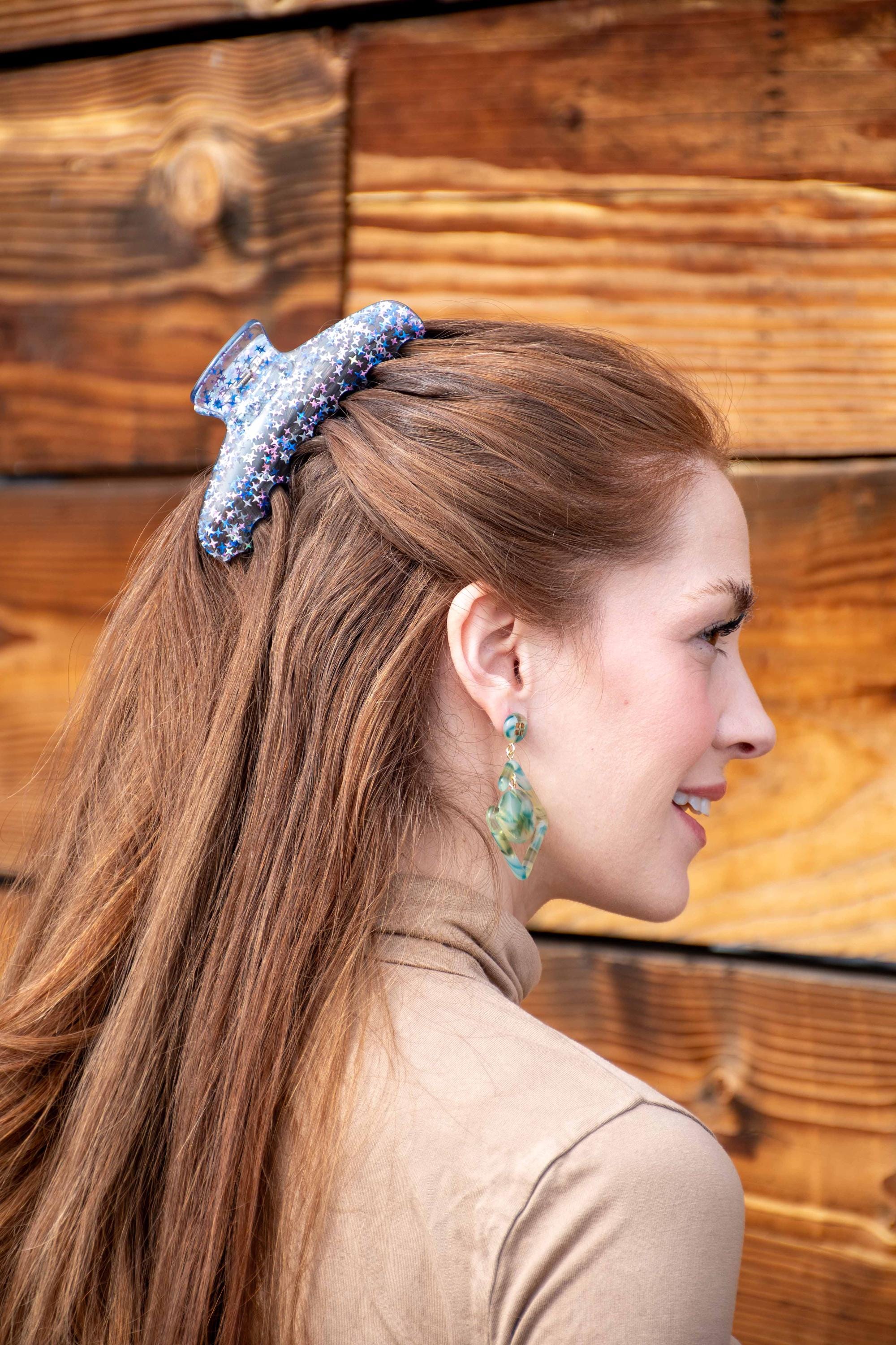XL Blue Stardust Hair Claw Clip | Star Glitters, Acetate