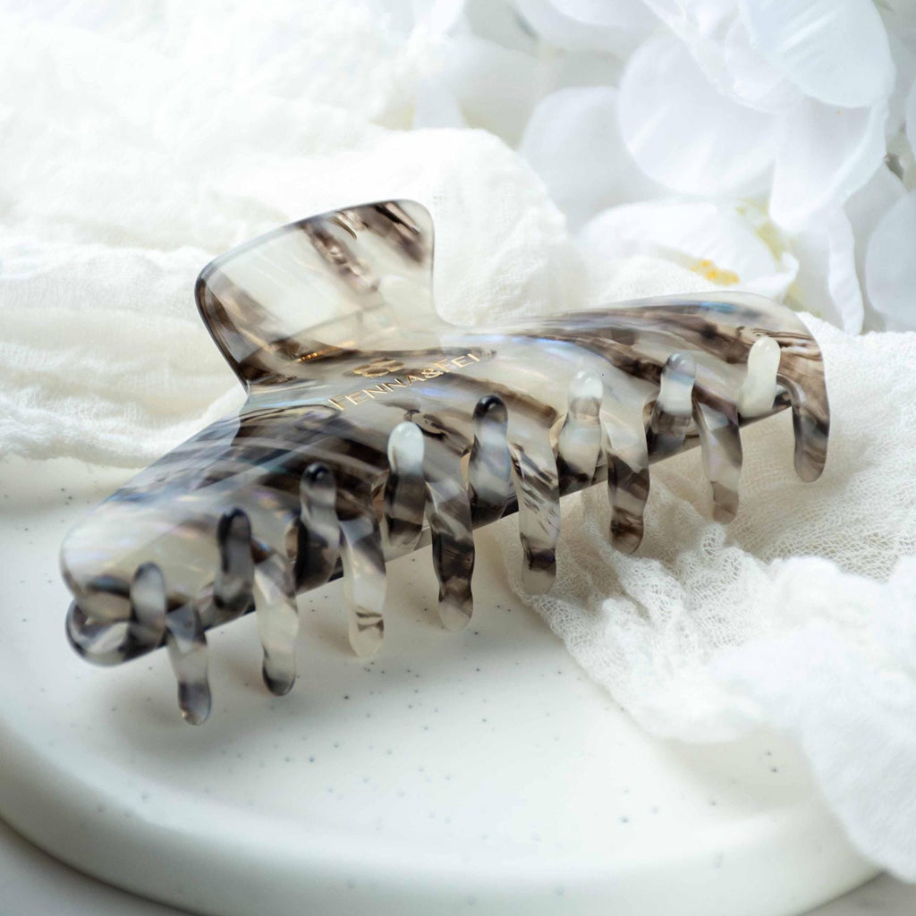 Glamour Grip Wave Claw in Phantom Quartz | Black White Blue Iridescent | Italian Acetate Tortoise Shell Large Hair Clip
