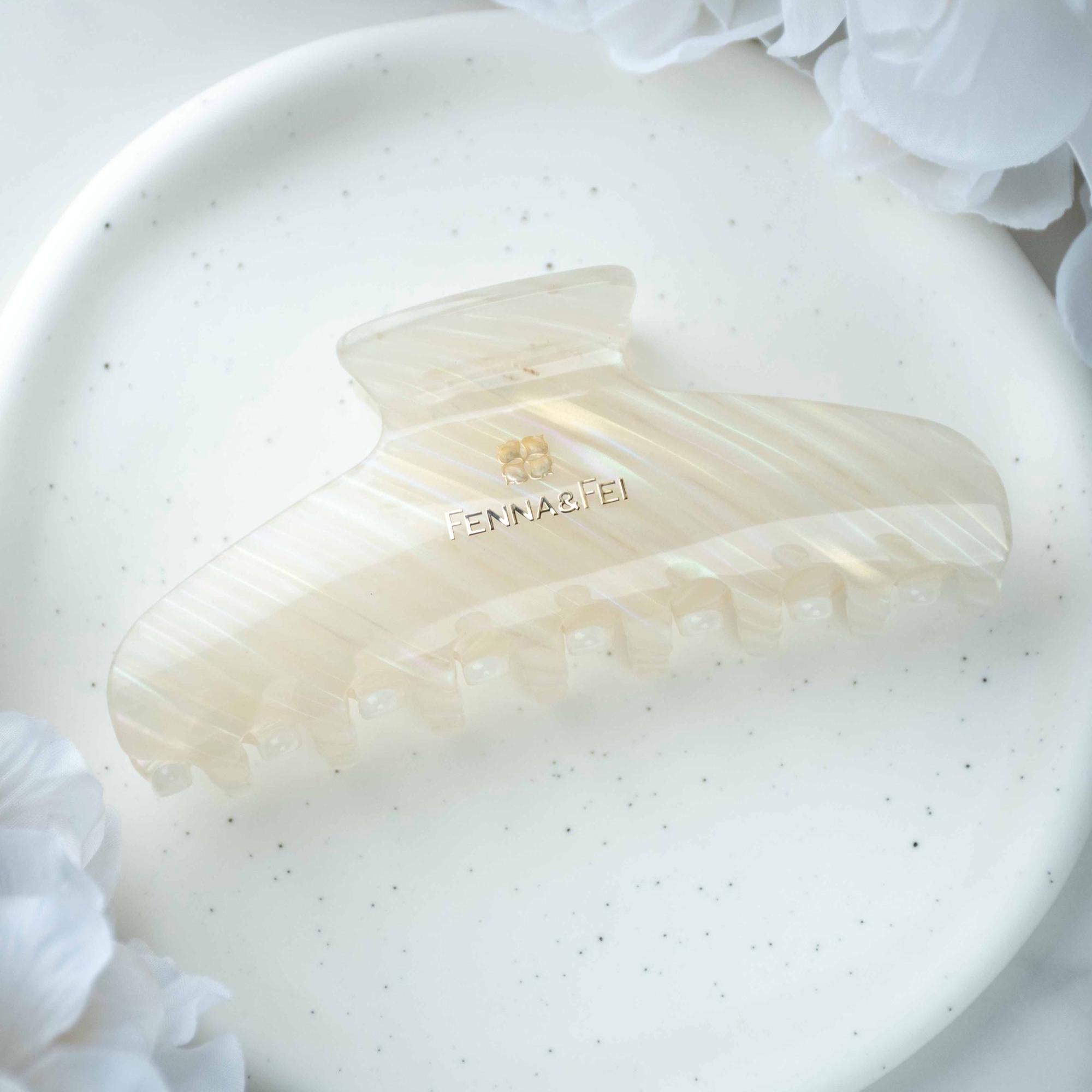 Glamour Grip Wave Claw in White Opal | White Pearlescent Rainbow | Italian Acetate Tortoise Large Hair Clip