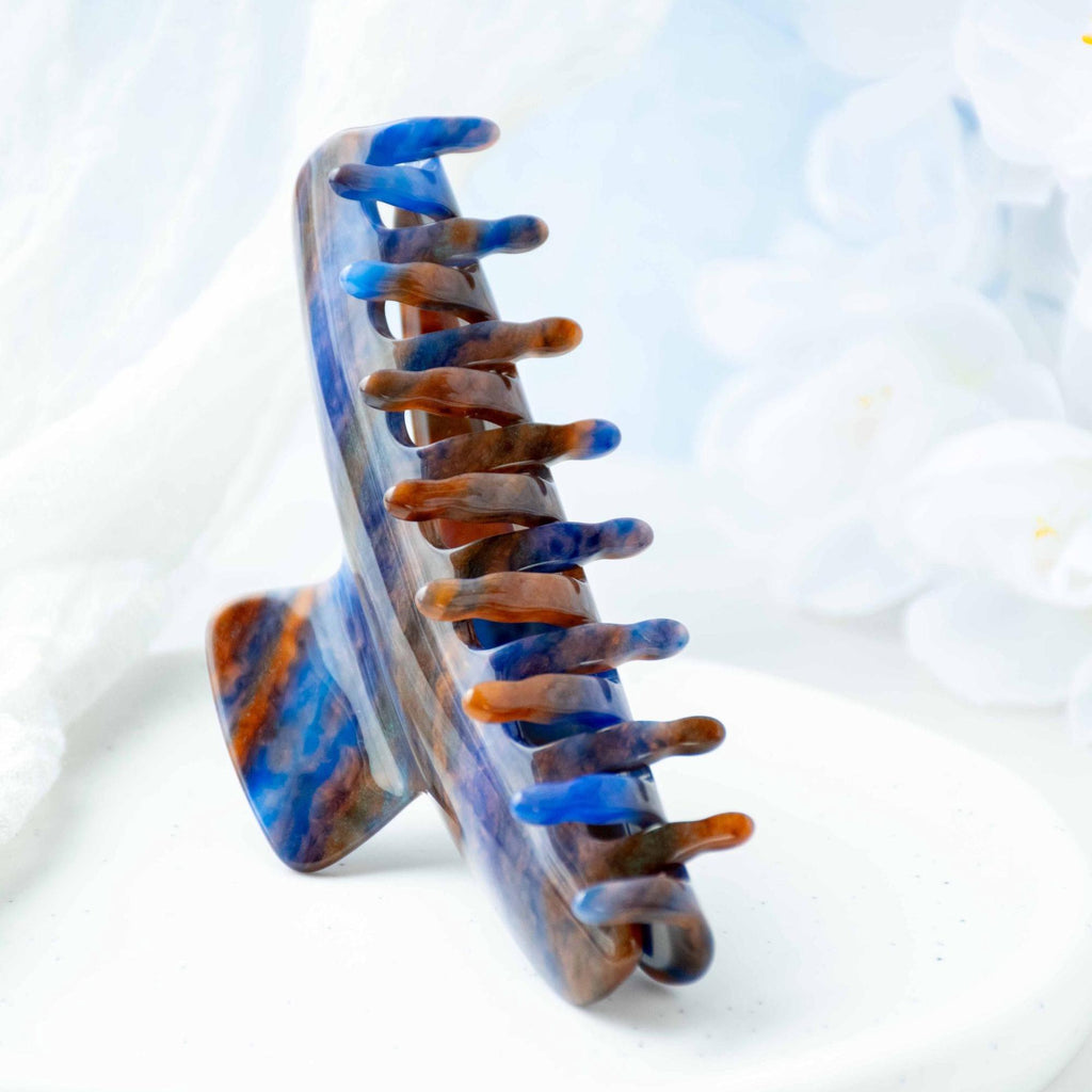 Italian Acetate Wave Claw Clip | Blue Jasper Tortoise Shell