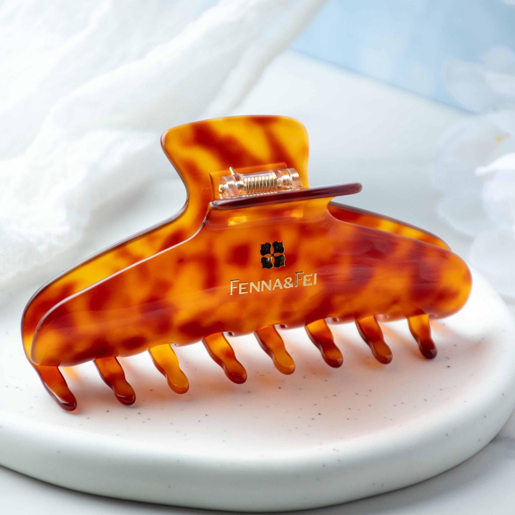 Glamour Grip Wave Claw in Barite | Burnt Orange and Brown Tortoise | Italian Acetate Tortoise Shell Large Hair Clip