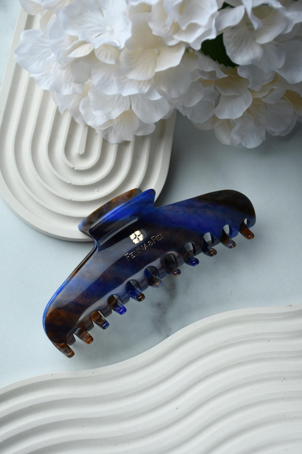 Glamour Grip Wave Claw in Blue Jasper | Blue Brown Orange | Italian Acetate Tortoise Shell Large Hair Clip