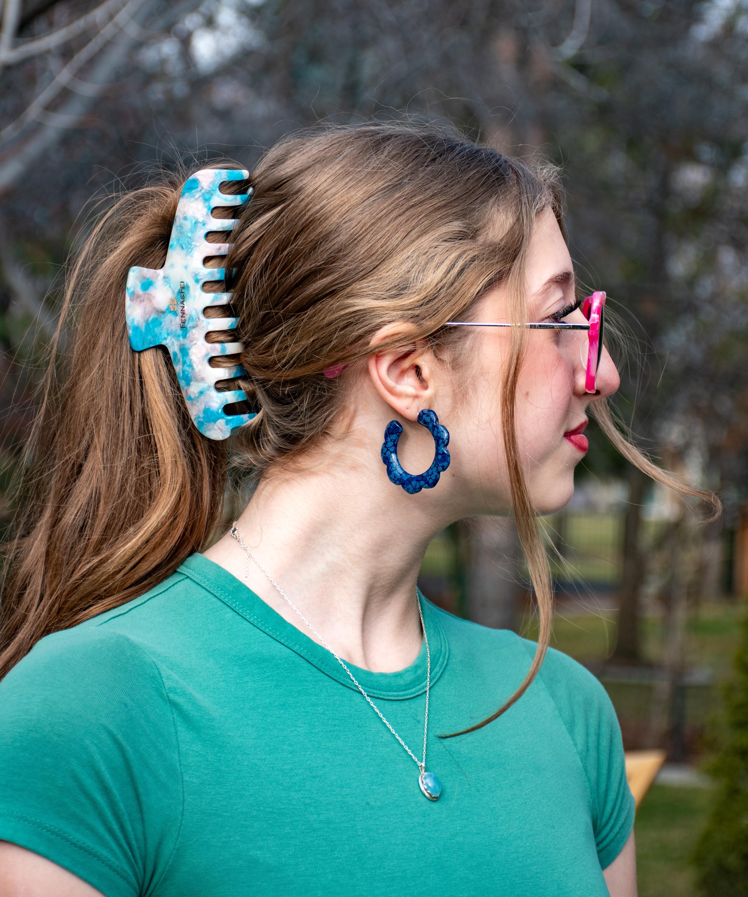 Glamour Grip Wave Claw in Blue Jasper | Blue Brown Orange | Italian Acetate Tortoise Shell Large Hair Clip