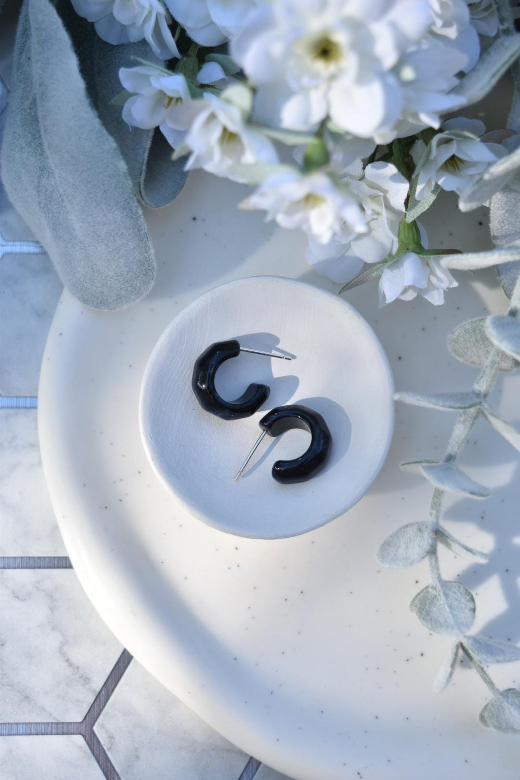 Black Pearl Kaleidoscope Hoops | Sterling Silver Huggie Earrings