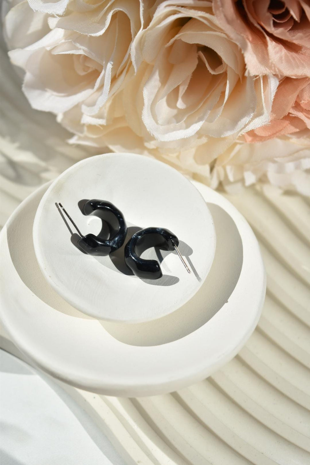 Black Pearl Kaleidoscope Hoops | Sterling Silver Huggie Earrings