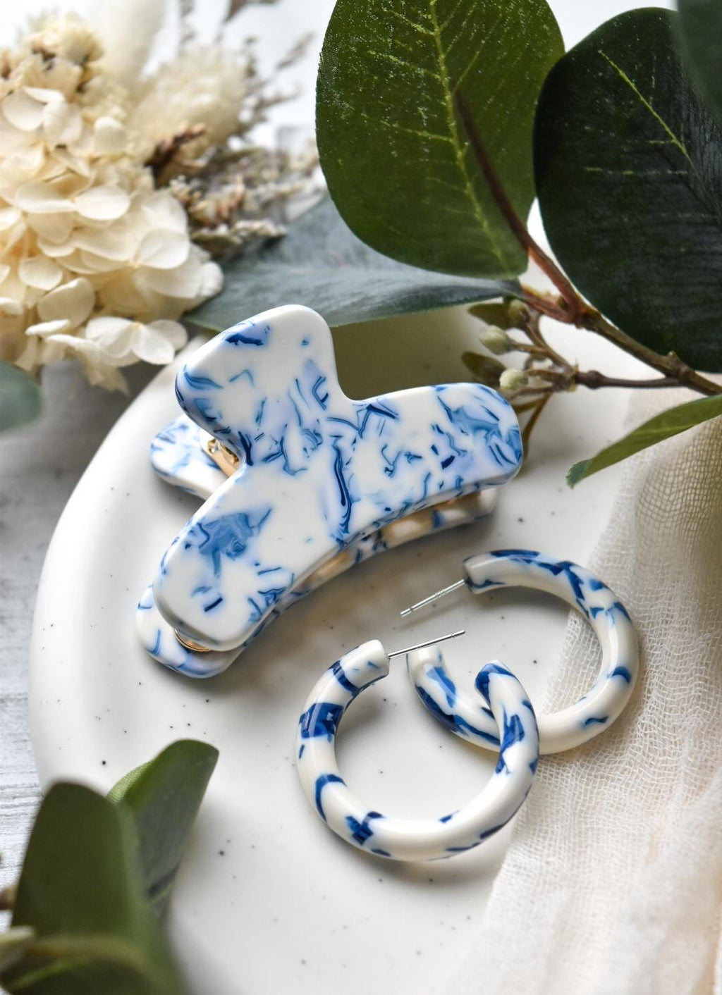 Chunky Porcelain Hoop Earrings | 35mm White and Blue Acetate, Sterling Silver Posts