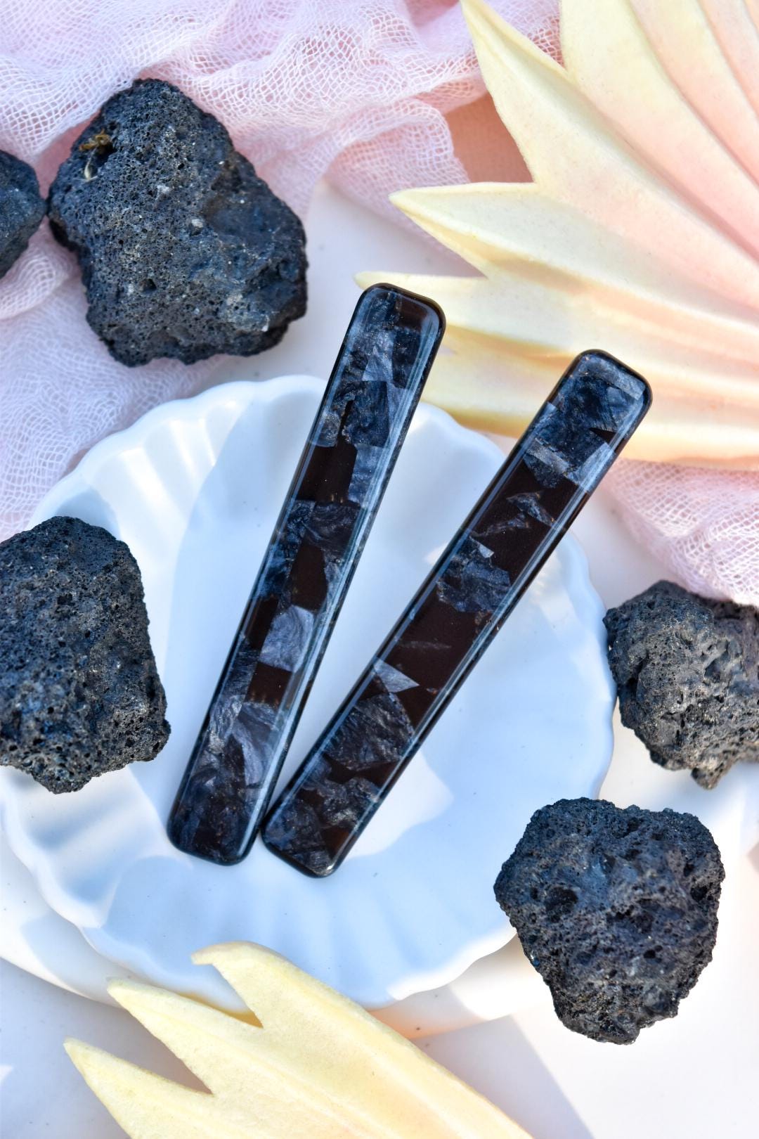 Long Rectangle Hair Clips 2 Pack Set | Acetate Gold Stainless Steel Alligator Hair Clip