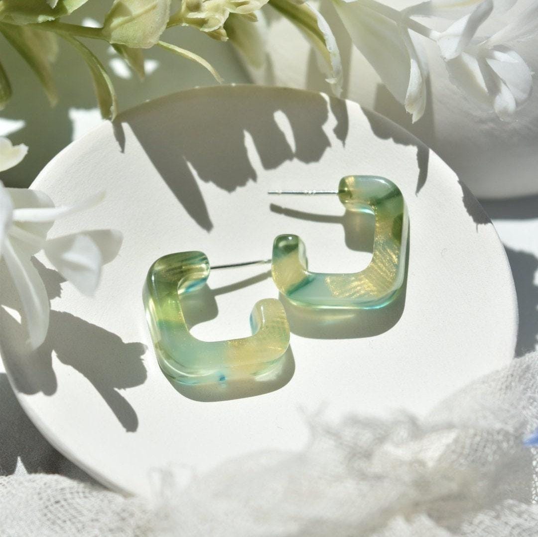 3 Pack - Multi Colored Geometric Square Hoop Earrings | Italian Acetate |  Sterling Silver Posts