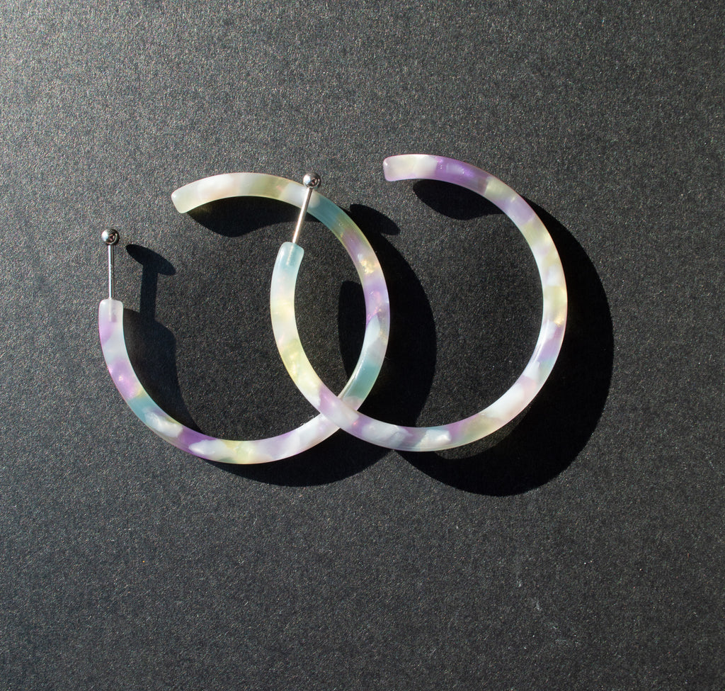 50mm Colorful Acetate Hoops in Teresa | Purple Teal Gold |Hypoallergenic .925 Sterling Post | Eco Friendly Italian Acetate |Ball Back Option