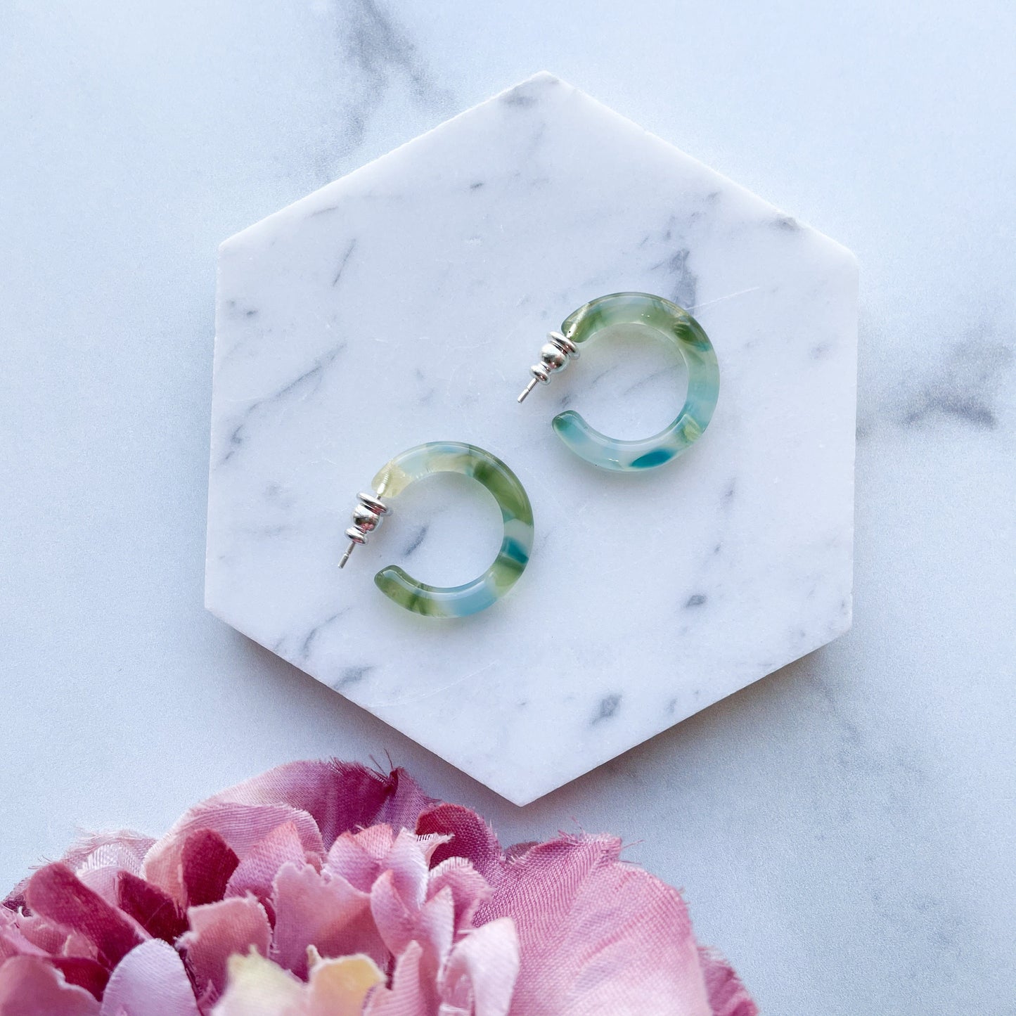Ultra Mini Hoops in Dew Drop | Small Blue Green Acetate Hoop Earrings 925 Sterling Silver Posts Minimalist Jewelry Gift For Her