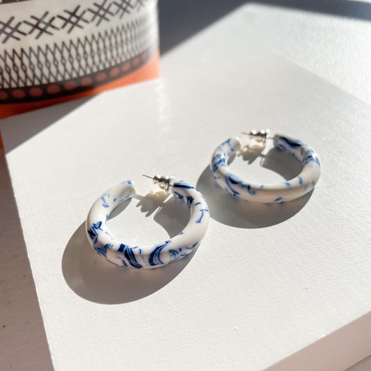 35mm Round Hoops in Porcelain | Thick Chunky White and Blue Hoop Earrings Cellulose Acetate Elegant Statement Chic 925 Sterling Silver Posts