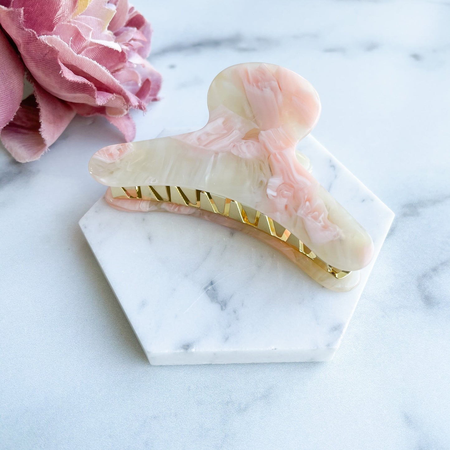 French Hair Claw in Creamsicle | Light Pink and White Cream Hair Clip Claw Cellulose Acetate Stainless Steel