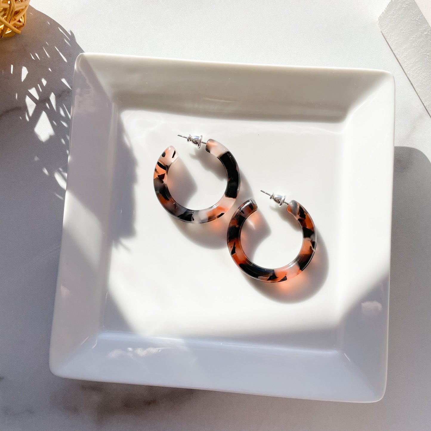 35mm Round Hoops in Koi | Black and Red Acetate Resin Tortoise Shell Thick Chunky Statement Hoop Earrings 925 Silver Posts