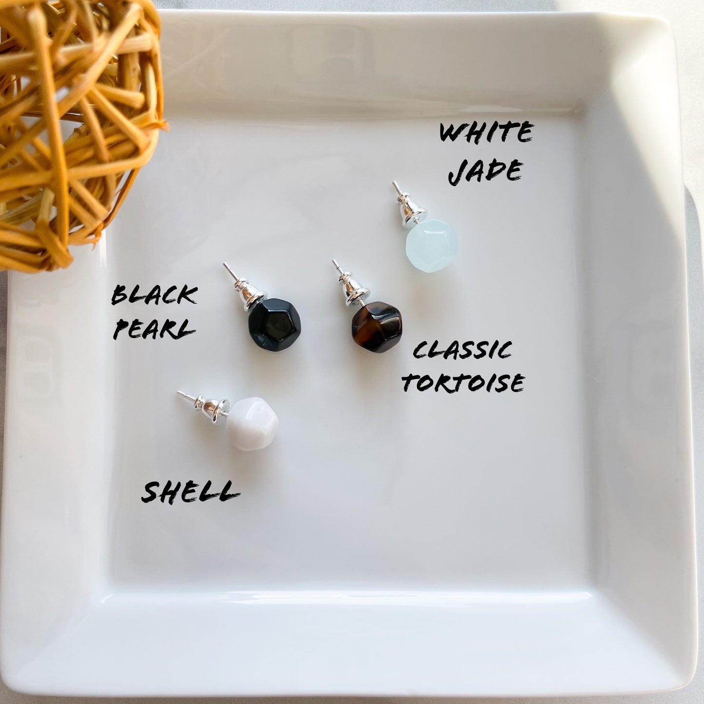 Kaleidoscope Studs In Tortoise, Shell, Black Pearl and White Jade Small Circle Sphere Ball Stud Earrings 925 Sterling Silver Posts