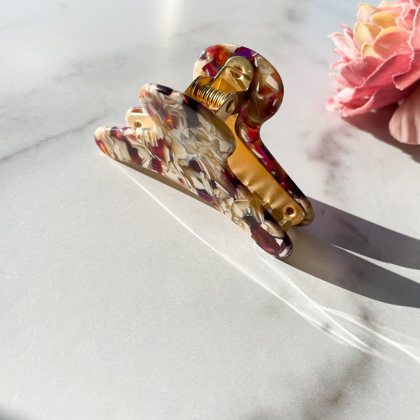 French Claw in Autumn | Red Cream Floral Acetate Hair Clip Claw Strong Gold Plated Stainless Steel Teeth