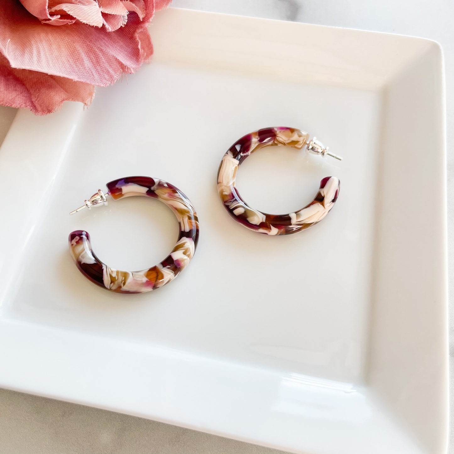 35mm Round Hoops in Autumn | Floral Red Cream Acetate Tortoise Shell Hoop Earrings 925 Sterling Silver Posts