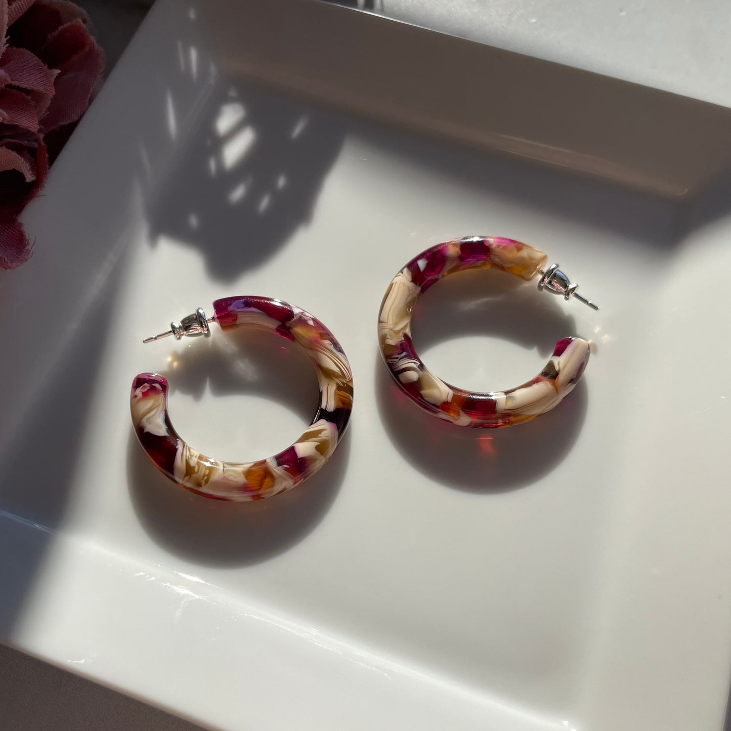 35mm Round Hoops in Autumn | Floral Red Cream Acetate Tortoise Shell Hoop Earrings 925 Sterling Silver Posts