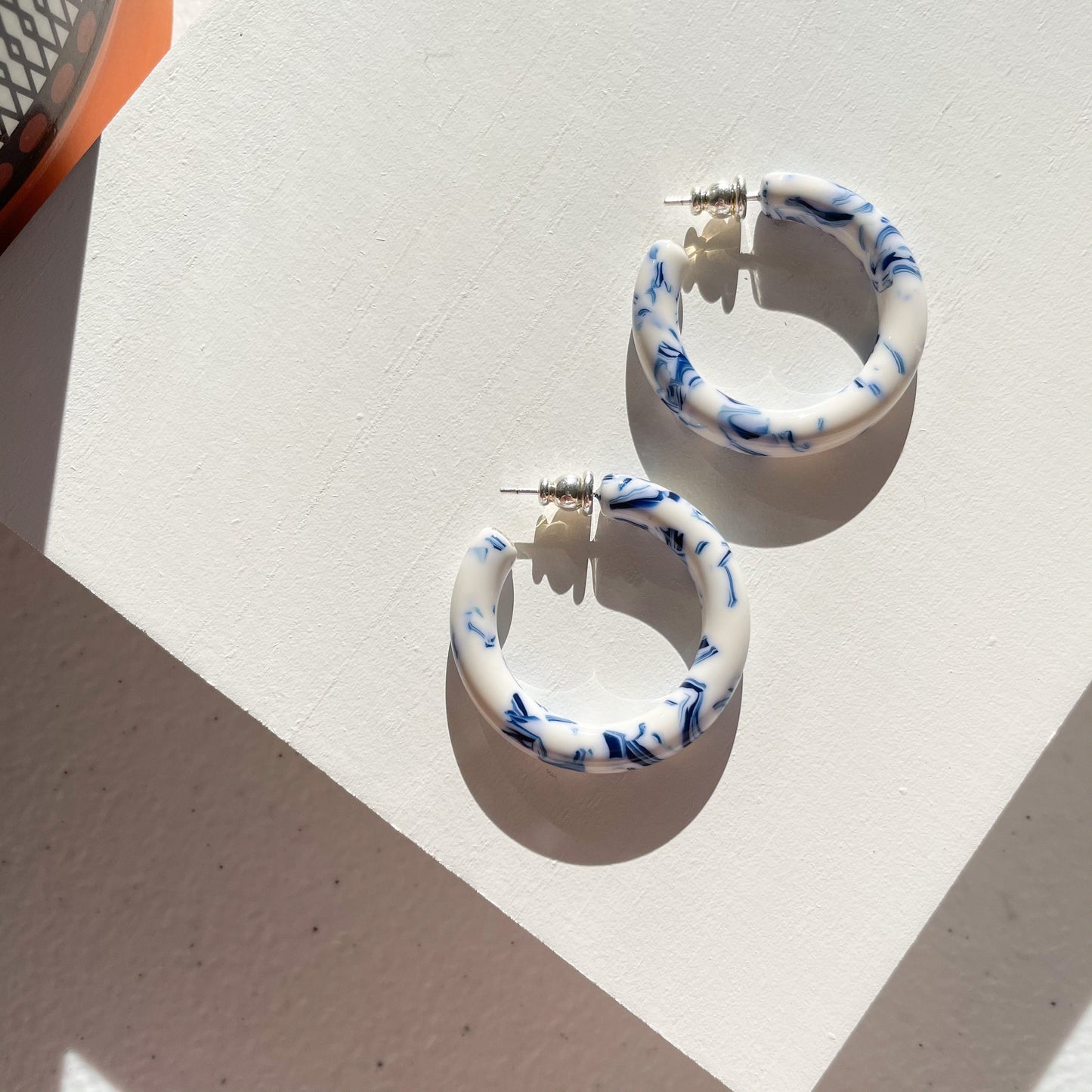 35mm Round Hoops in Porcelain | Thick Chunky White and Blue Hoop Earrings Cellulose Acetate Elegant Statement Chic 925 Sterling Silver Posts
