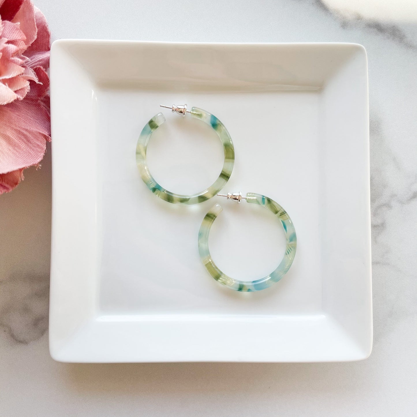 40mm Thin Round Hoops in Dew Drop | Blue Green Gold Shell Hoop Earrings 925 Sterling Silver Posts