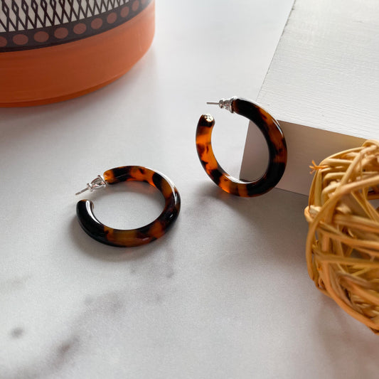35mm Round Hoops in Classic Tortoise Shell | Acetate Resin Tortoise Hoop Earrings Boho Chic Thick Chunky Statement Hoops 925 Silver Posts