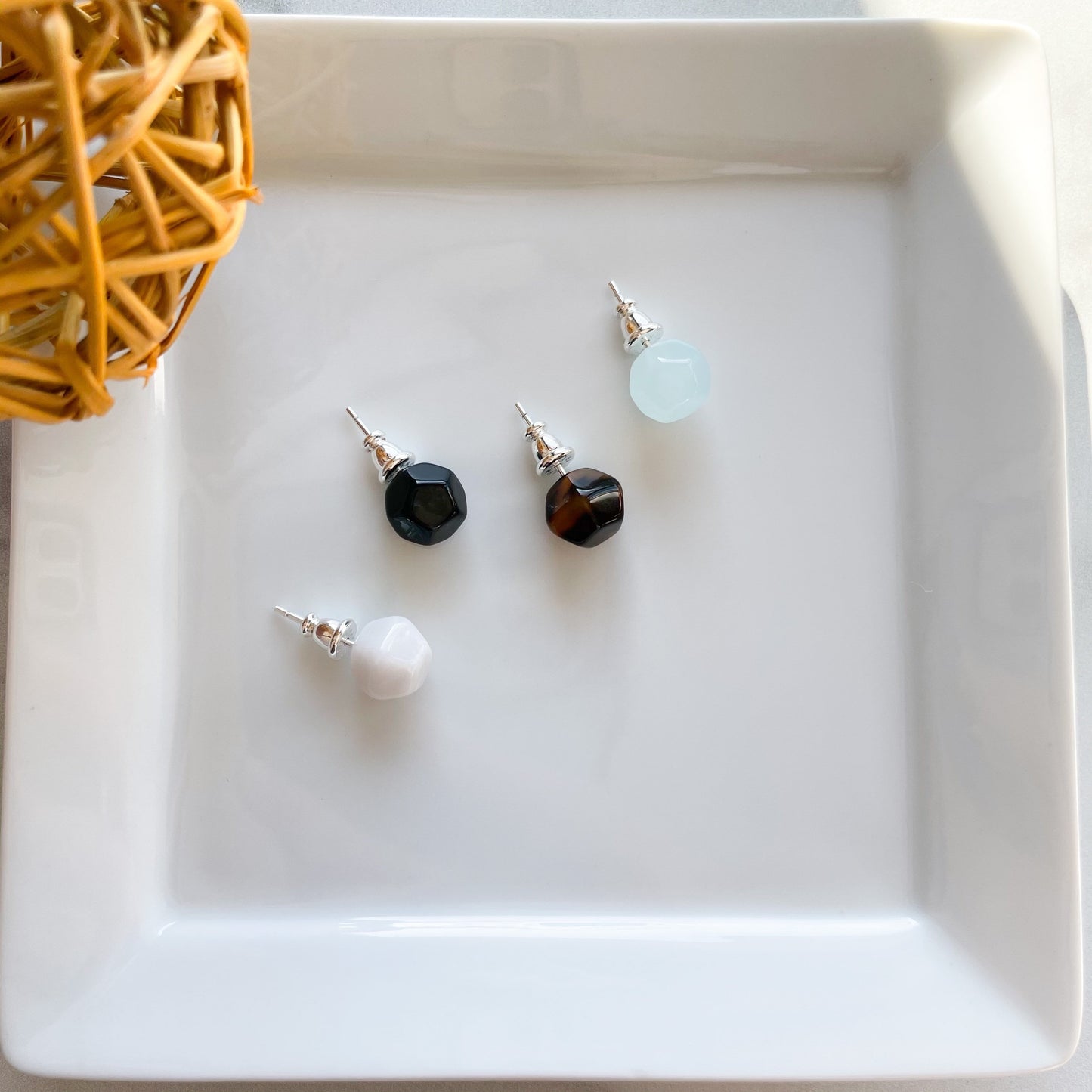 Kaleidoscope Studs In Tortoise, Shell, Black Pearl and White Jade Small Circle Sphere Ball Stud Earrings 925 Sterling Silver Posts