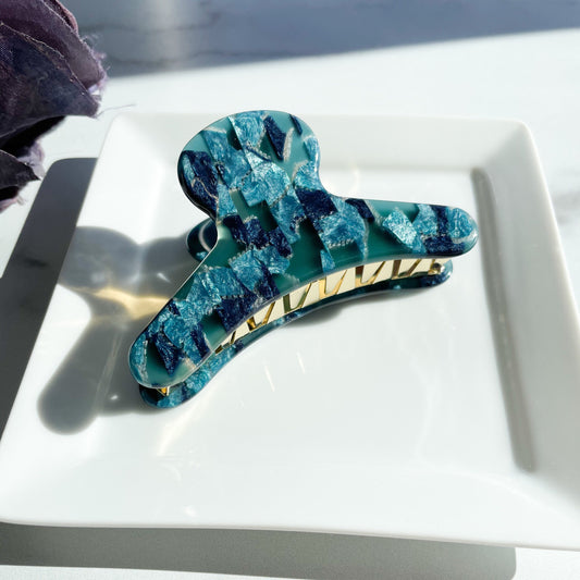 French Hair Claw in Cerulean | Blue Teal Ocean Resin Cellulose Acetate Hair Jaw Clip Stainless Steel