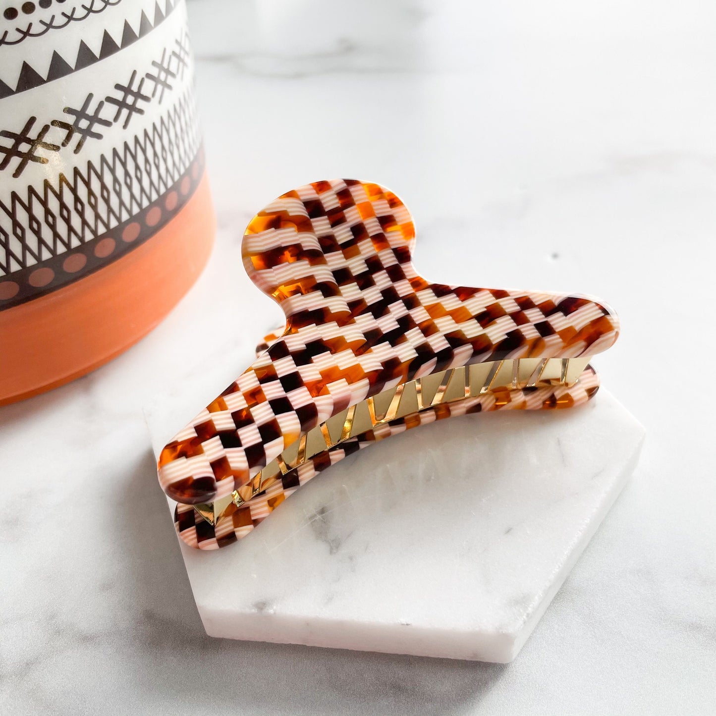 French Claw in Tetris | Orange Amber Tortoise Shell Checkered Boxed Acetate Hair Clip Stainless Steel