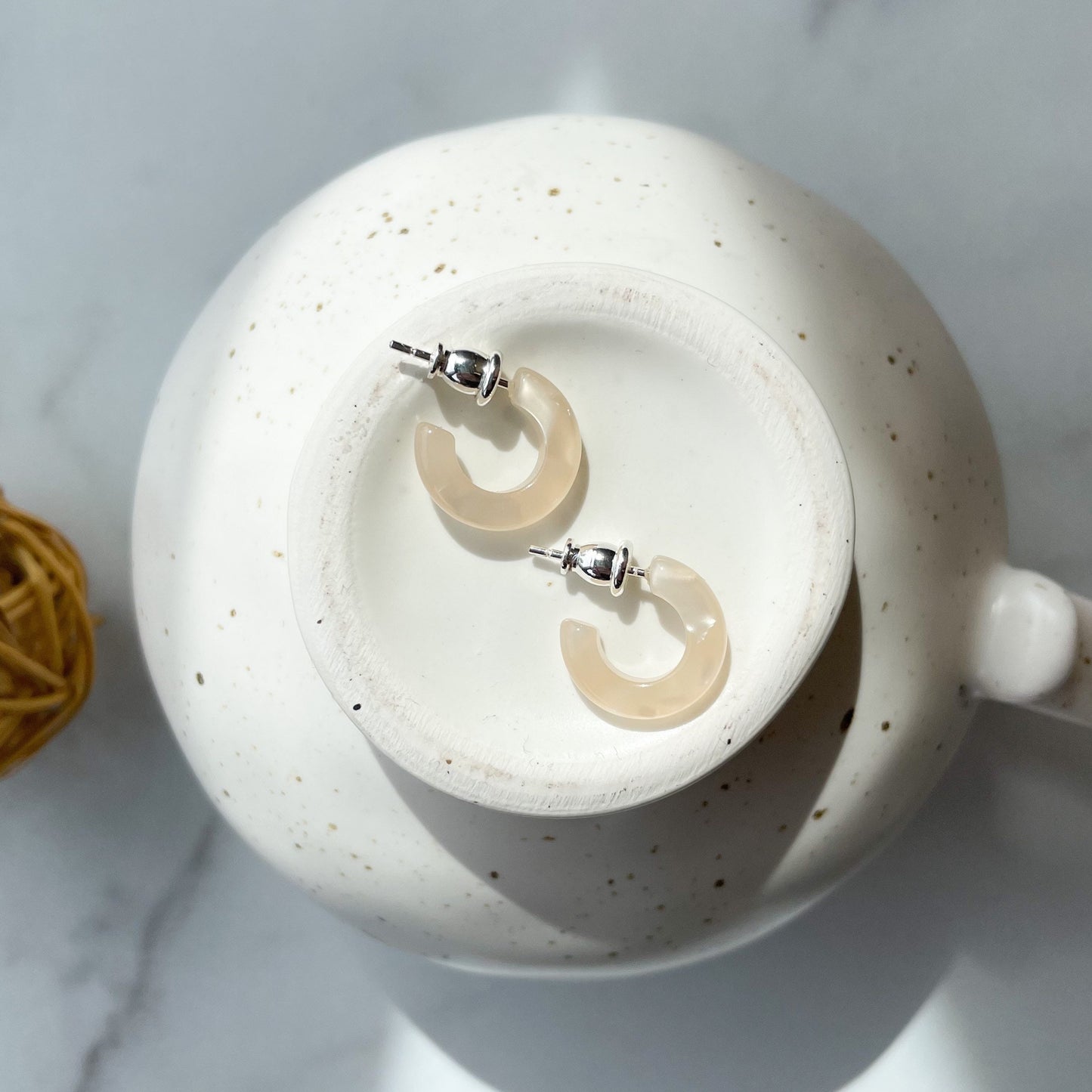 Huggie Hoops in Lotus | 15mm Light Cream Pearl Hoop Minimalist Earrings 925 Silver Posts