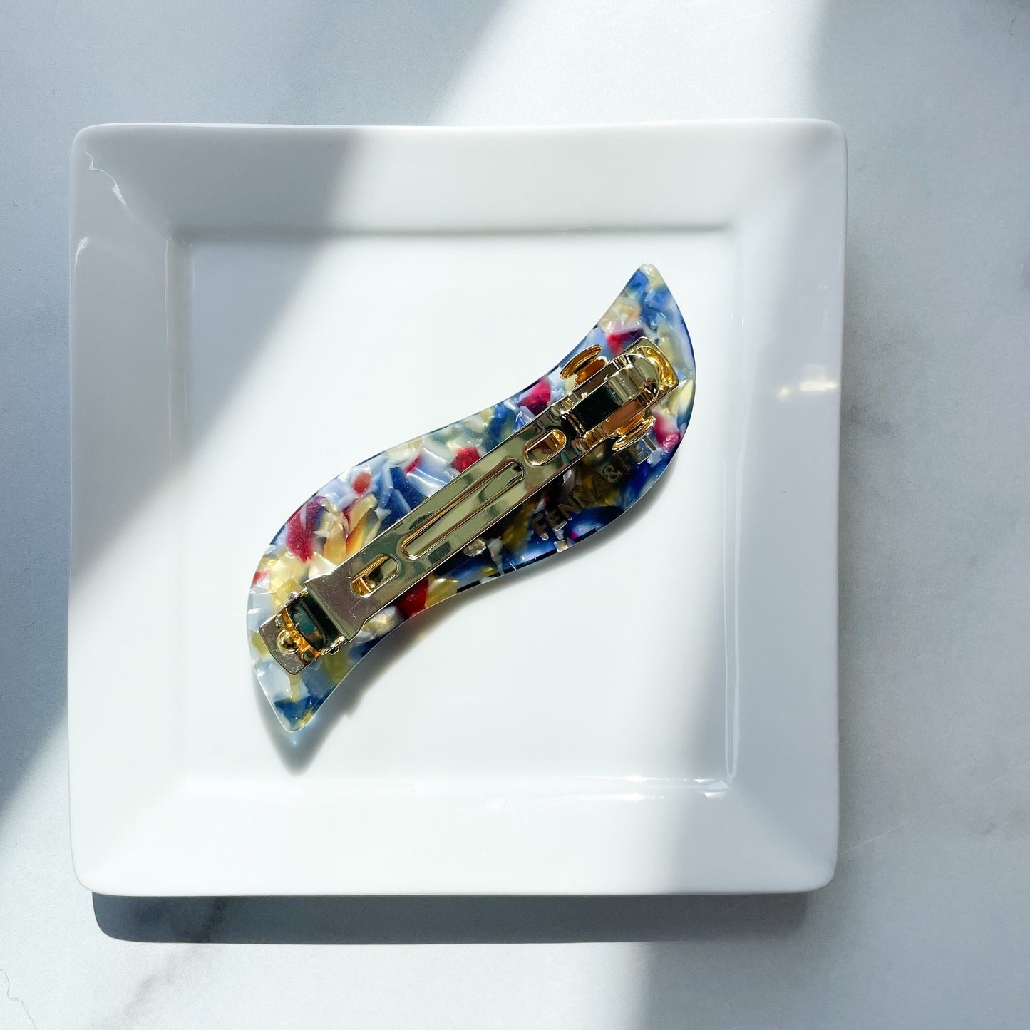 Wave Barrette in Stained Glass | Red Blue Yellow Glass Acetate Snap French Clip Barrette
