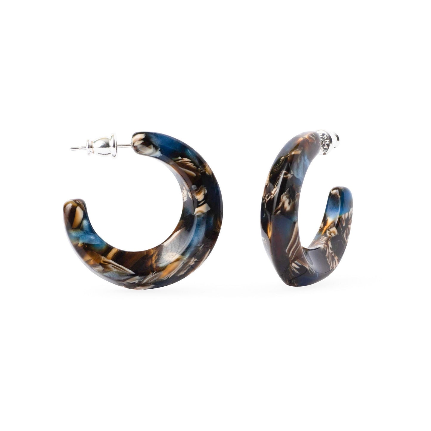 Crescent Hoops in Driftwood | Blue Brown Ocean Resin Hoop Earrings Thick Chunky Lightweight Moon Shaped Earrings 925 Posts