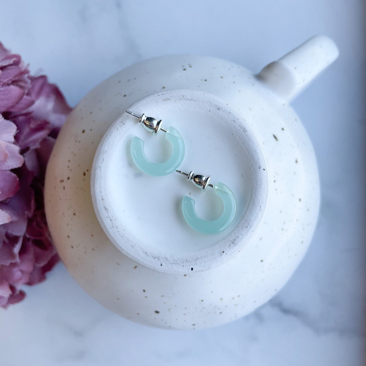 Huggie Hoops in Jade and Peach | Light Dainty Minimalist Pearl Acetate Resin Pink Turquoise Hoop Earrings 925 Sterling Silver Posts