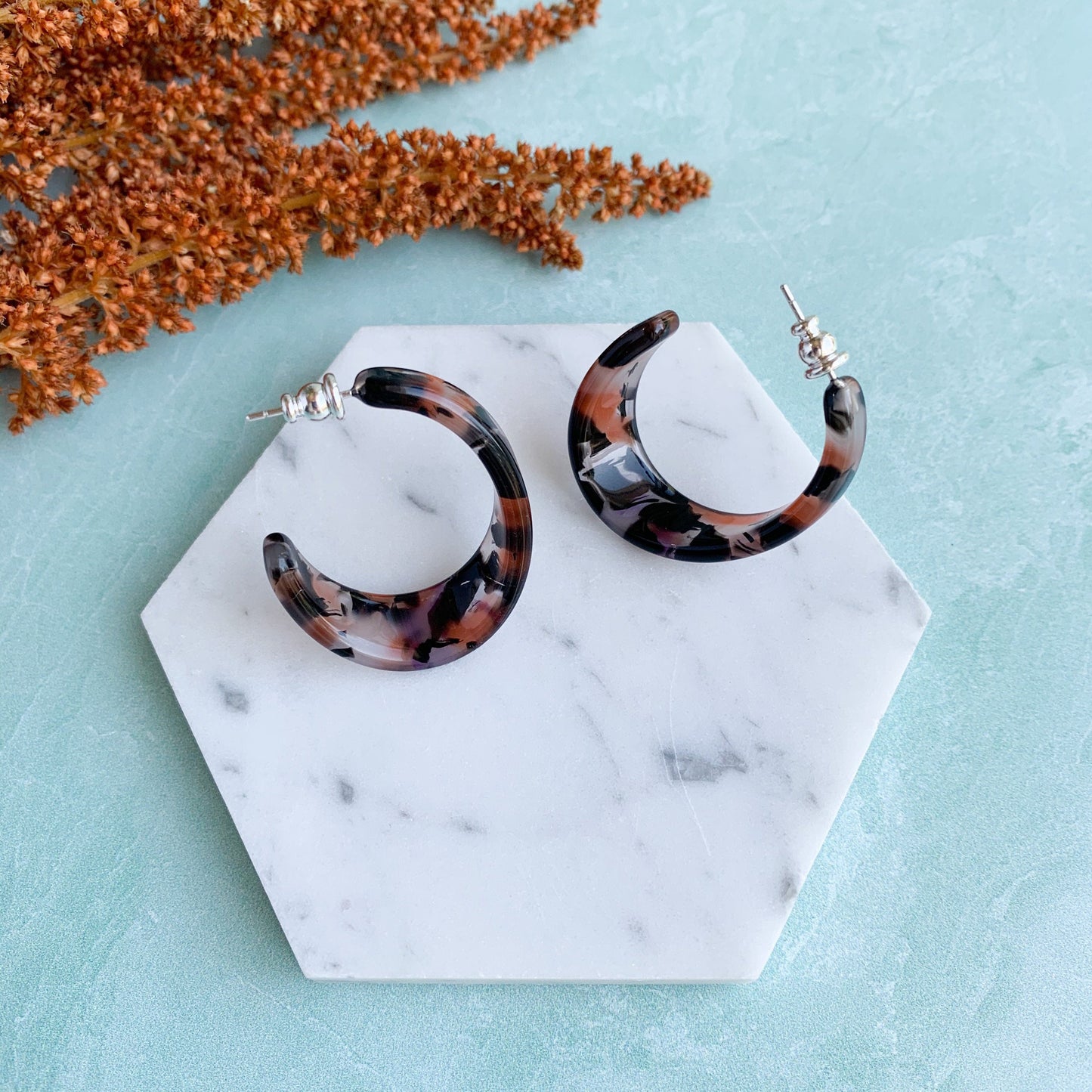 Illusion Hoops in Koi | Tortoise Shell Red and Black Resin Acetate Modern Statement Hoop Earrings 925 Silver Posts