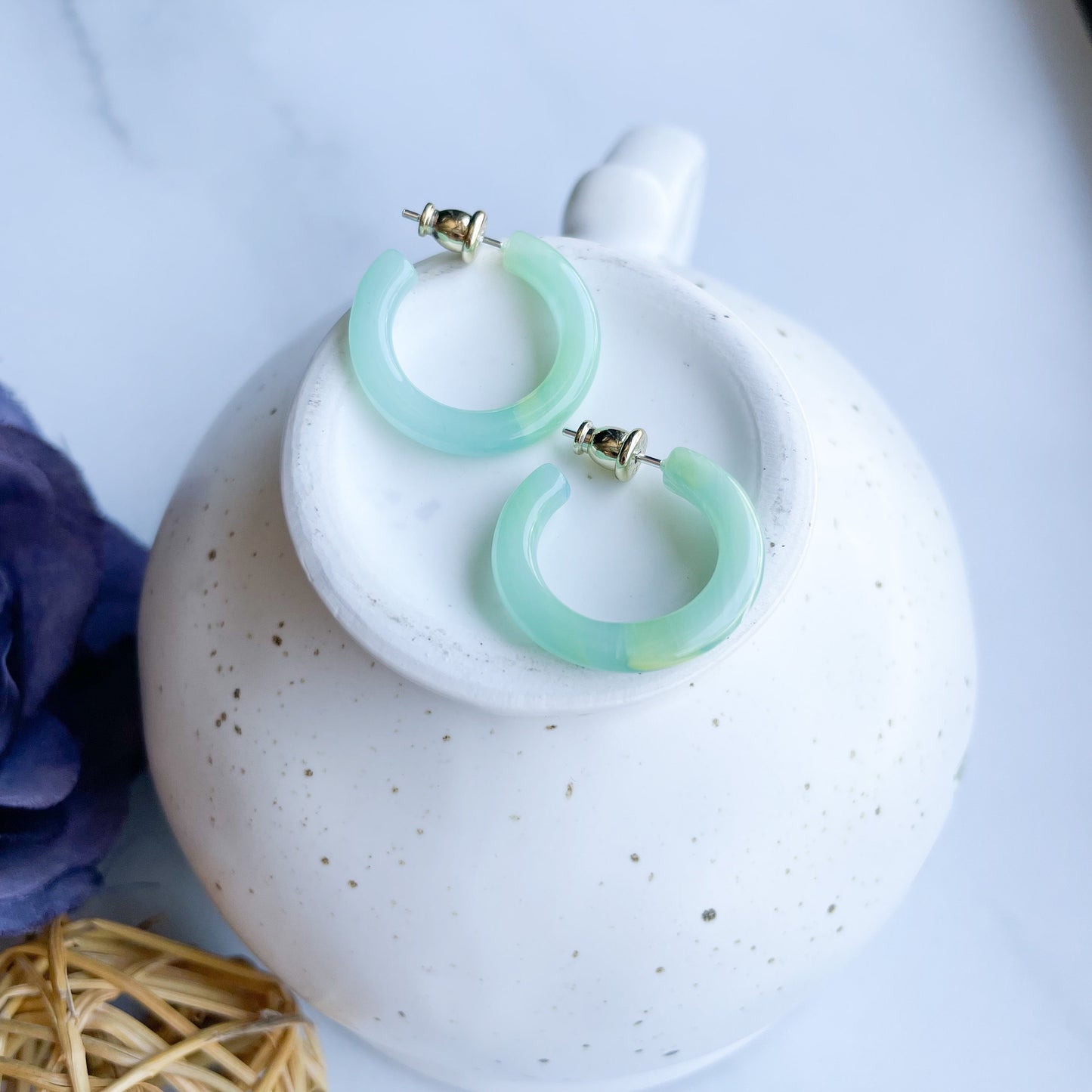 Ultra Mini Hoops in Jadeite | Small Acetate Green Blue Teal Jade Hoop Earrings 925 Silver Posts
