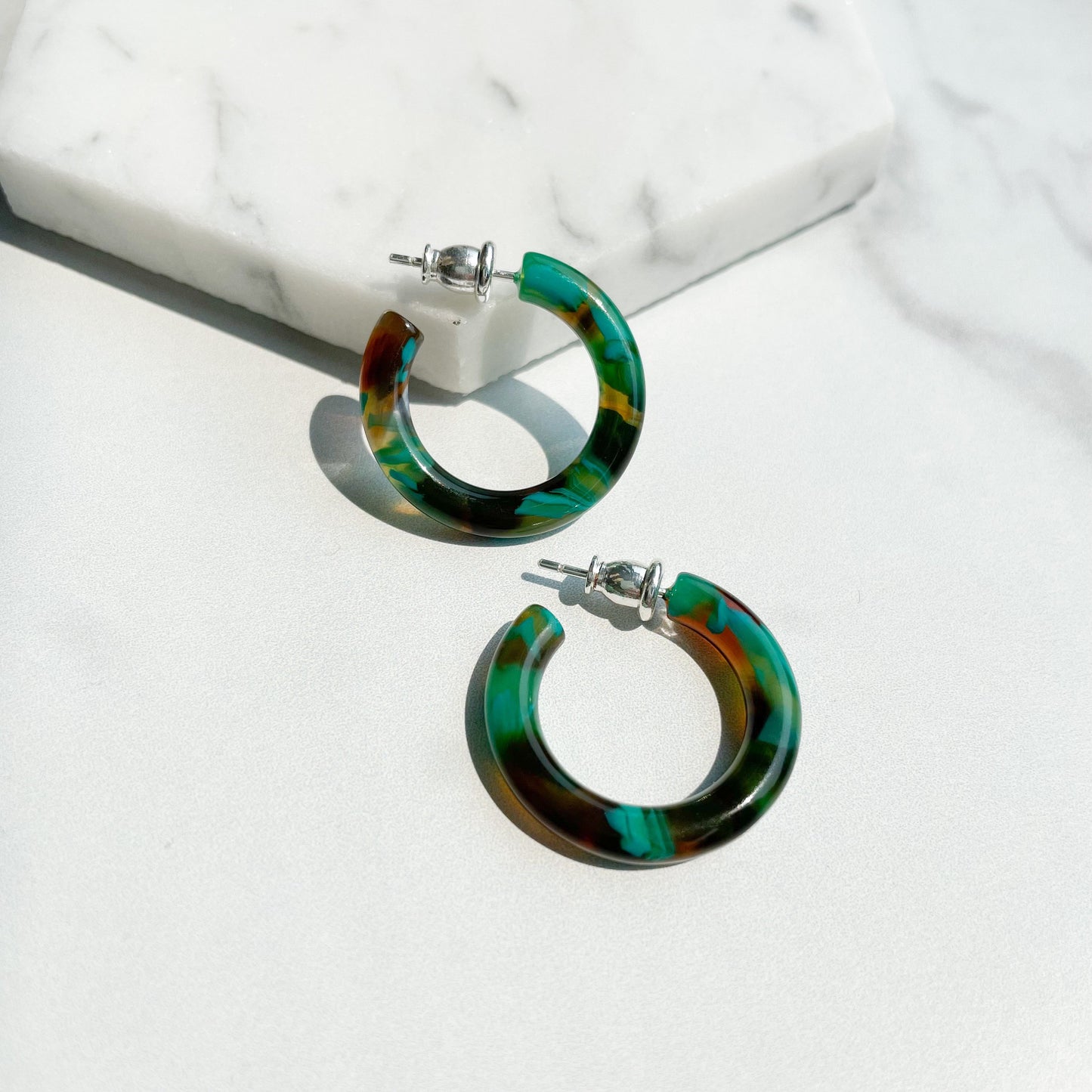 Ultra Mini Hoops in Spanish Moon | Green and Brown Pearl Hoop Earrings 925 Sterling Silver Posts
