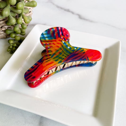French Hair Claw in Macaw | Red Blue Yellow Tropical Parrot Hair Clip Acetate Stainless Steel