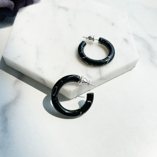 Ultra Mini Hoops in Obsidian | Black and White Swirl Hoop Earrings 925 Sterling Silver Posts